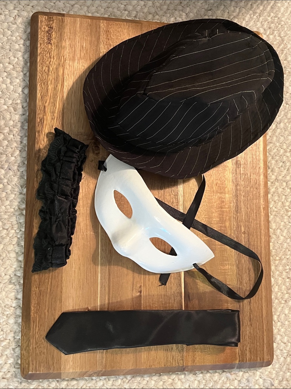 Halloween 👻 Black Pinstripe Fedora + Skinny black tie+black Garter belt+ mask